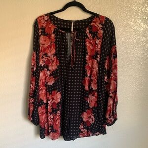 Free People Sunset Boulevard Floral Peasant Romper Oversized Long Sleeve Size XS